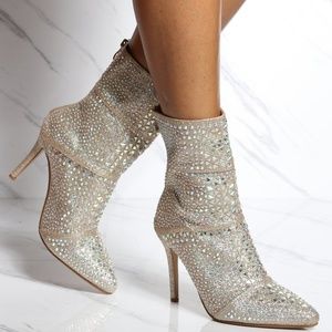 NEW🔥 Bling Gold Glitter Rhinestone Embellished Ankle Booties Boot Stiletto Heel